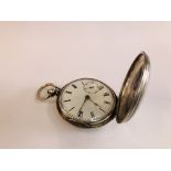 A VINTAGE SILVER CASED POCKET WATCH WITH ENAMEL DIAL.
