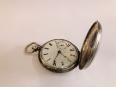 A VINTAGE SILVER CASED POCKET WATCH WITH ENAMEL DIAL.