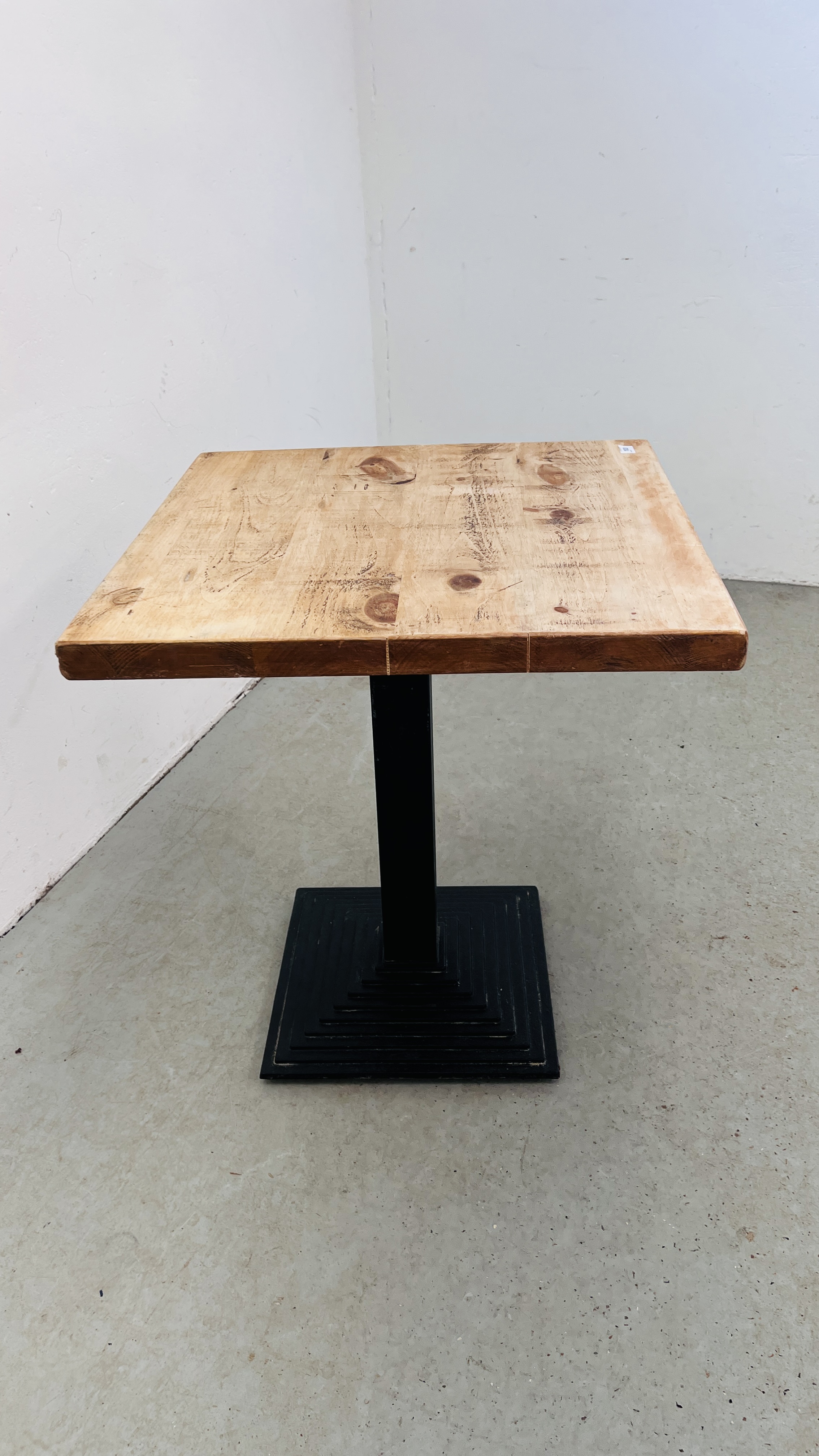 PEDESTAL BISTRO TABLE CAST BASE WITH WAXED PINE TOP - 70CM X 70CM. - Image 8 of 8