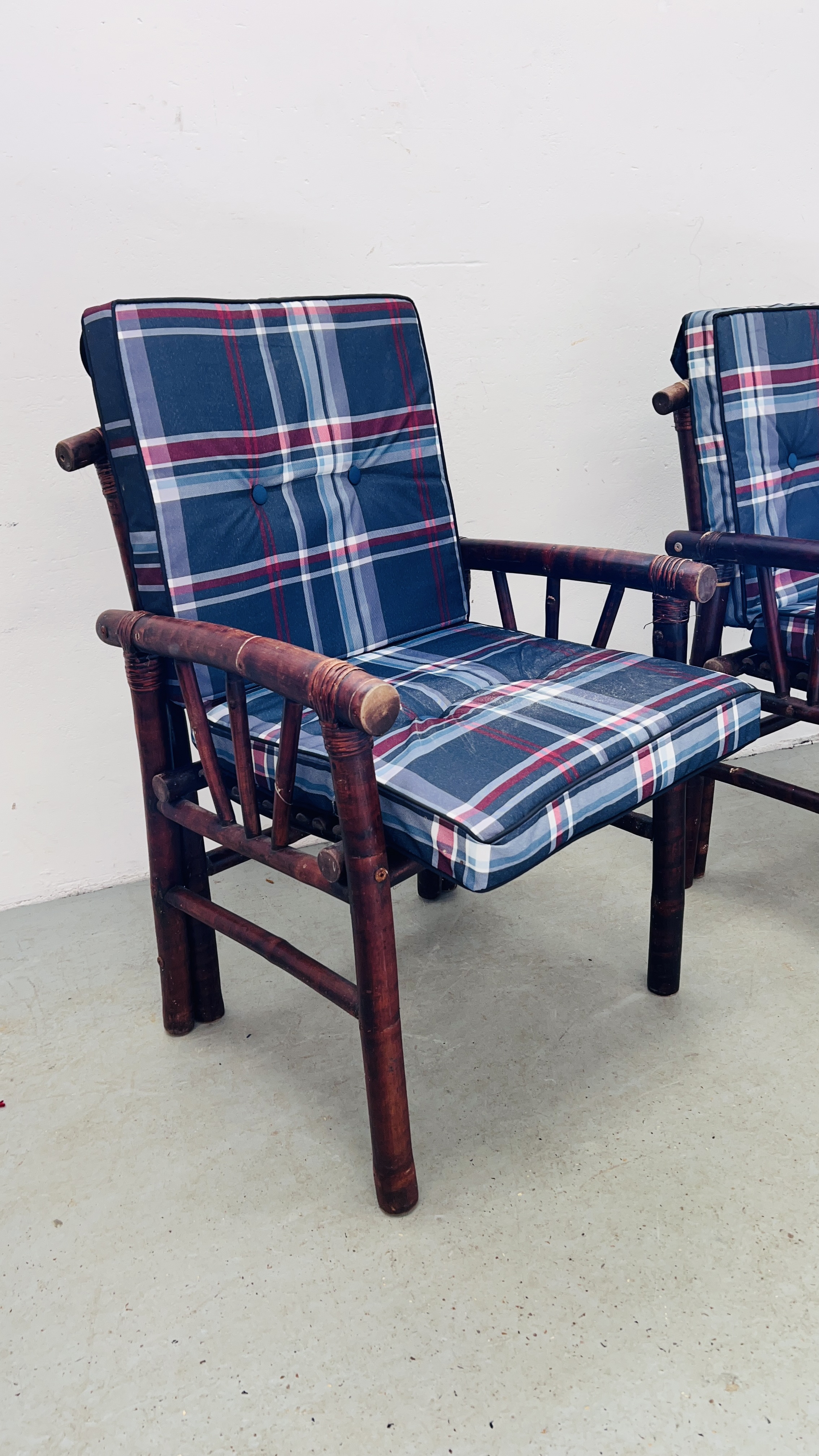 A PAIR OF BAMBOO ARMCHAIRS WITH CHECKED CUSHIONS. - Image 2 of 8