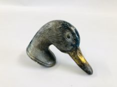 A VINTAGE ALUMINIUM CAR MASCOT IN THE FORM OF A DUCK'S HEAD INSCRIBED TO THE BASE "DUCKY".