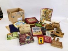 TWO BOXES OF VINTAGE GAMES TO INCLUDE PUZZLES AND CARDS, GAMES AND CHESS PIECES ETC.
