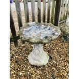 SINGLE PEDESTAL BIRD BATH IN THE SHELL TOP DESIGN, H 60CM X W 56CM.