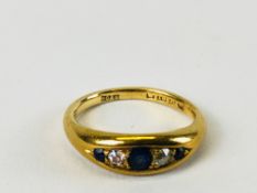 AN ANTIQUE 18CT GOLD DIAMOND AND SAPPHIRE GYPSY RING.