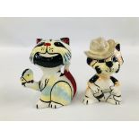 TWO LORNA BAILEY CAT ORNAMENTS LADY WITH BUTTERFLY H 13.5CM AND CLINT H 12.5CM. BEARING SIGNATURES.