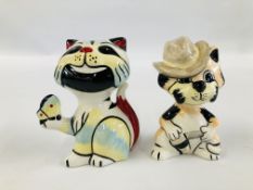 TWO LORNA BAILEY CAT ORNAMENTS LADY WITH BUTTERFLY H 13.5CM AND CLINT H 12.5CM. BEARING SIGNATURES.