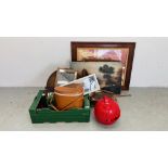 A BOX OF ASSORTED VINTAGE COLLECTABLES TO INCLUDE VARIOUS TENNIS RACKETS, FRAMED MIRROR,