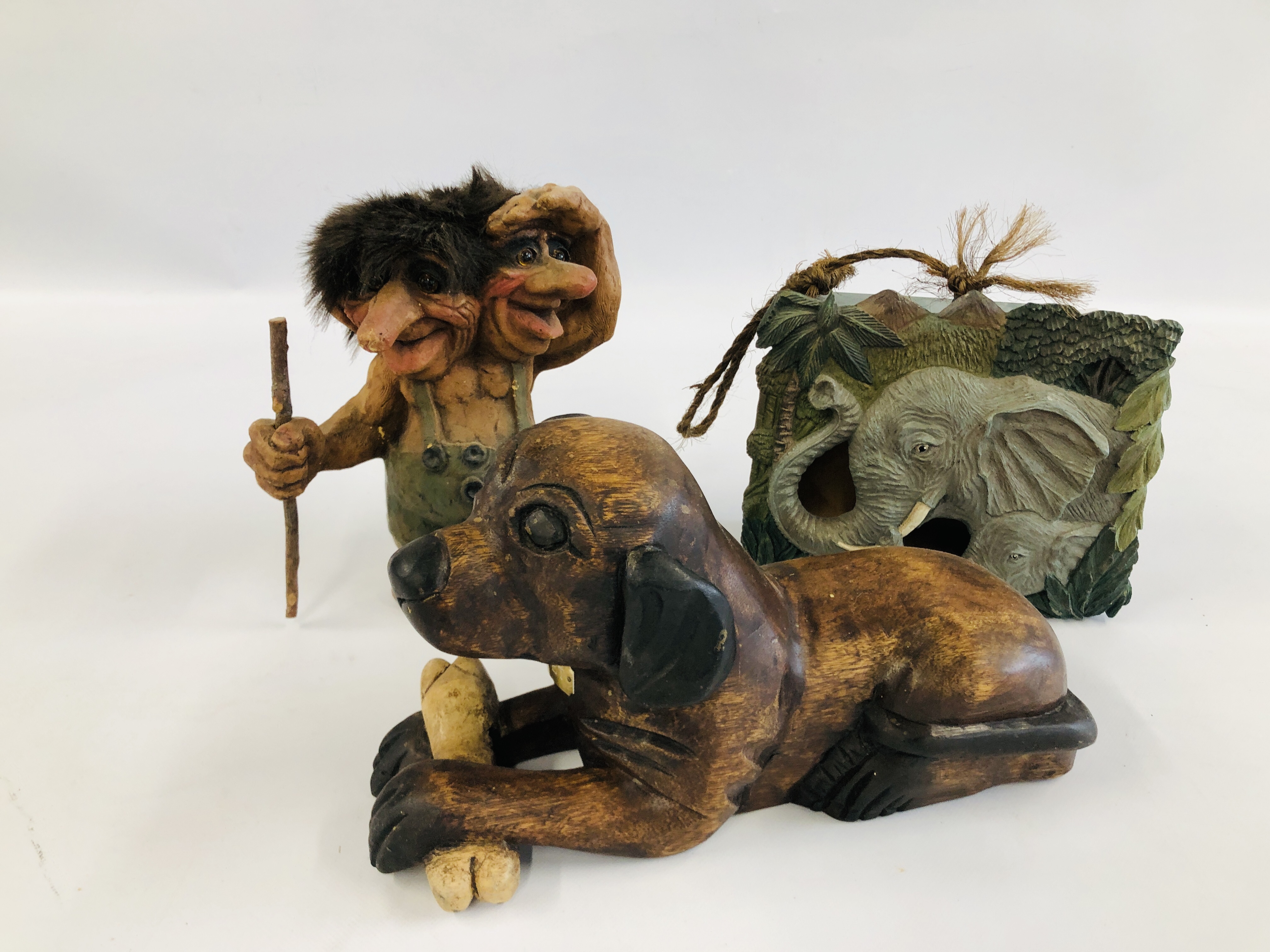 A TROLL SCULPTURE, HARDWOOD DOG & BONE PAINTED CARVED BIRD BOX.