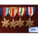 WW2 GROUP OF FOUR STARS ON BAR AS WORN 39-45, AFRICA WITH 8TH ARMY BAR,
