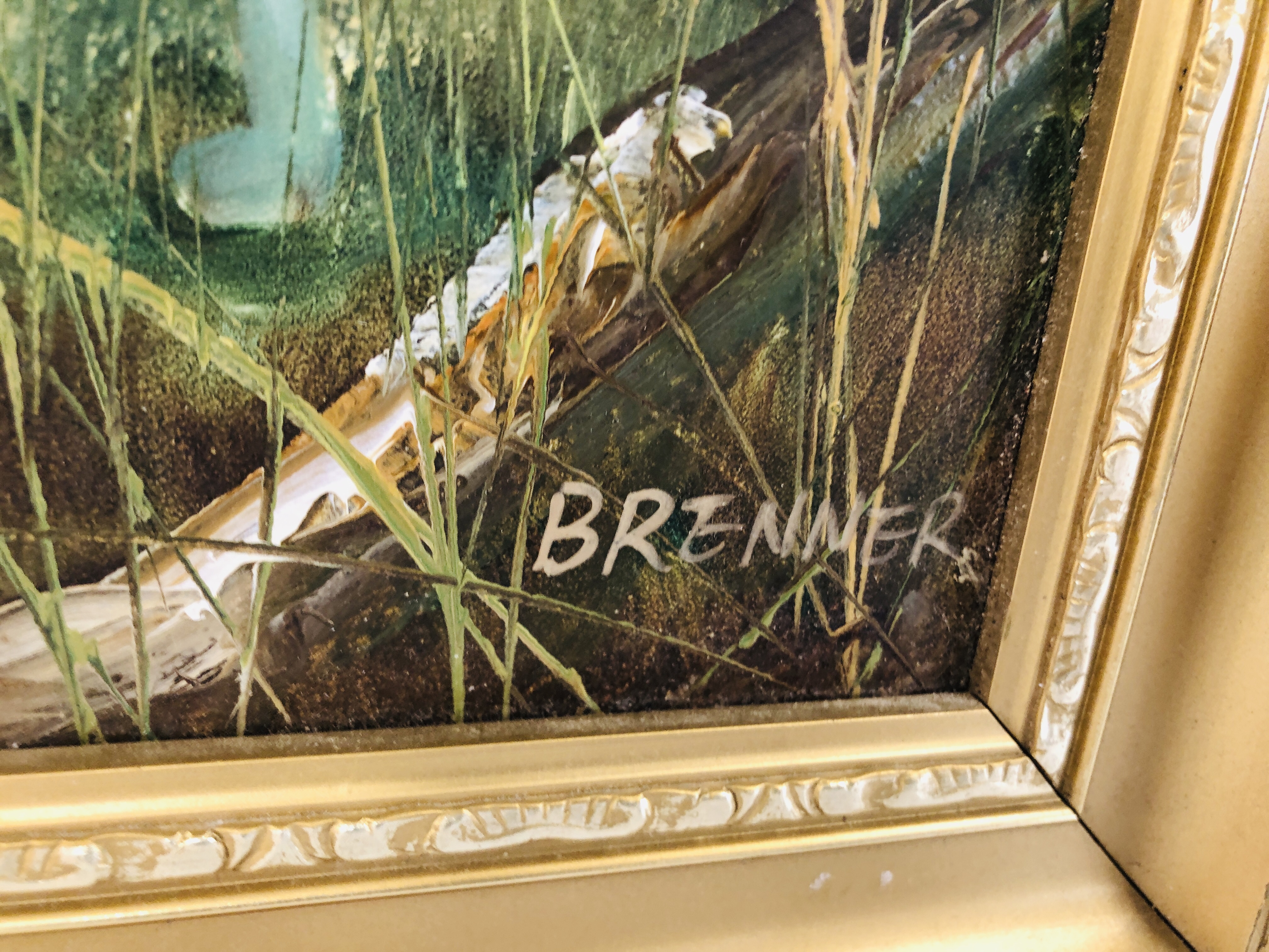 FRAMED OIL ON BOARD OF A "POINTER" GUN DOG IN COUNTRY SCENE, SIGNED "BRENNER". - Image 3 of 4