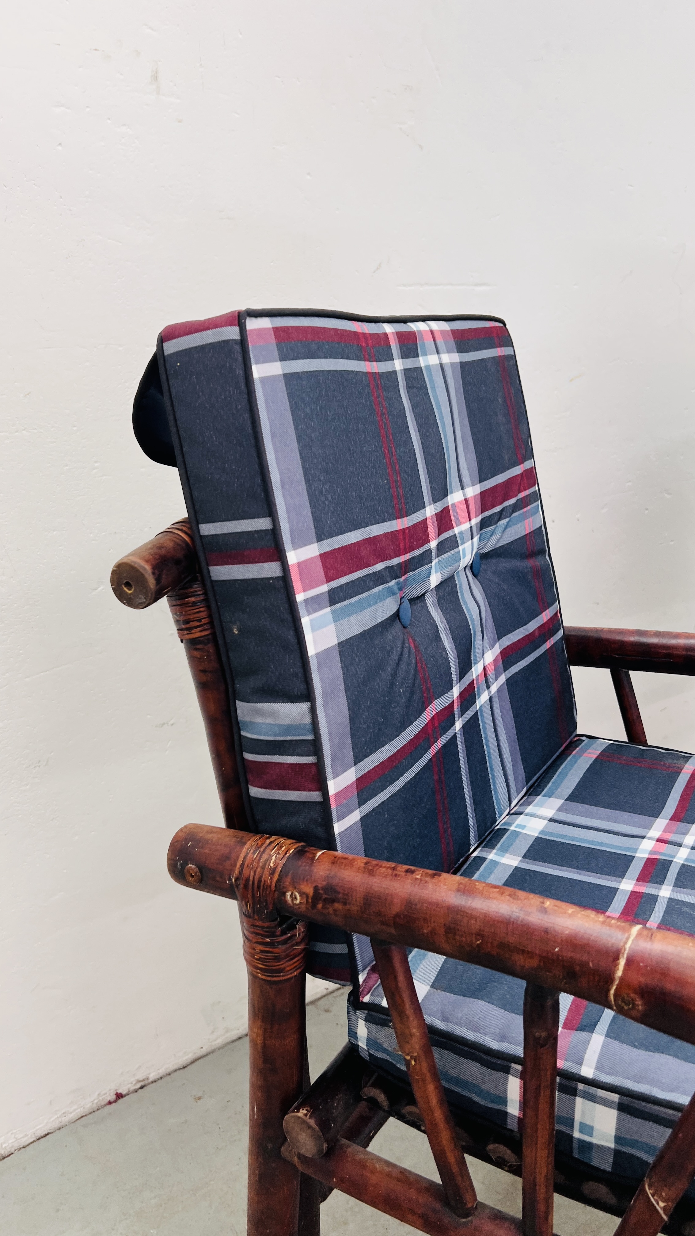 A PAIR OF BAMBOO ARMCHAIRS WITH CHECKED CUSHIONS. - Image 4 of 8