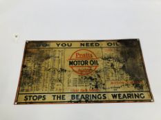 A VINTAGE TIN PRATTS MOTOR OIL ADVERTISING SIGN, W 58.5CM X H 32CM.