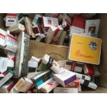 BOX WITH A QUANTITY CIGARETTE TINS AND PACKETS, MATCHBOXES ETC.
