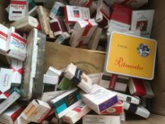BOX WITH A QUANTITY CIGARETTE TINS AND PACKETS, MATCHBOXES ETC.