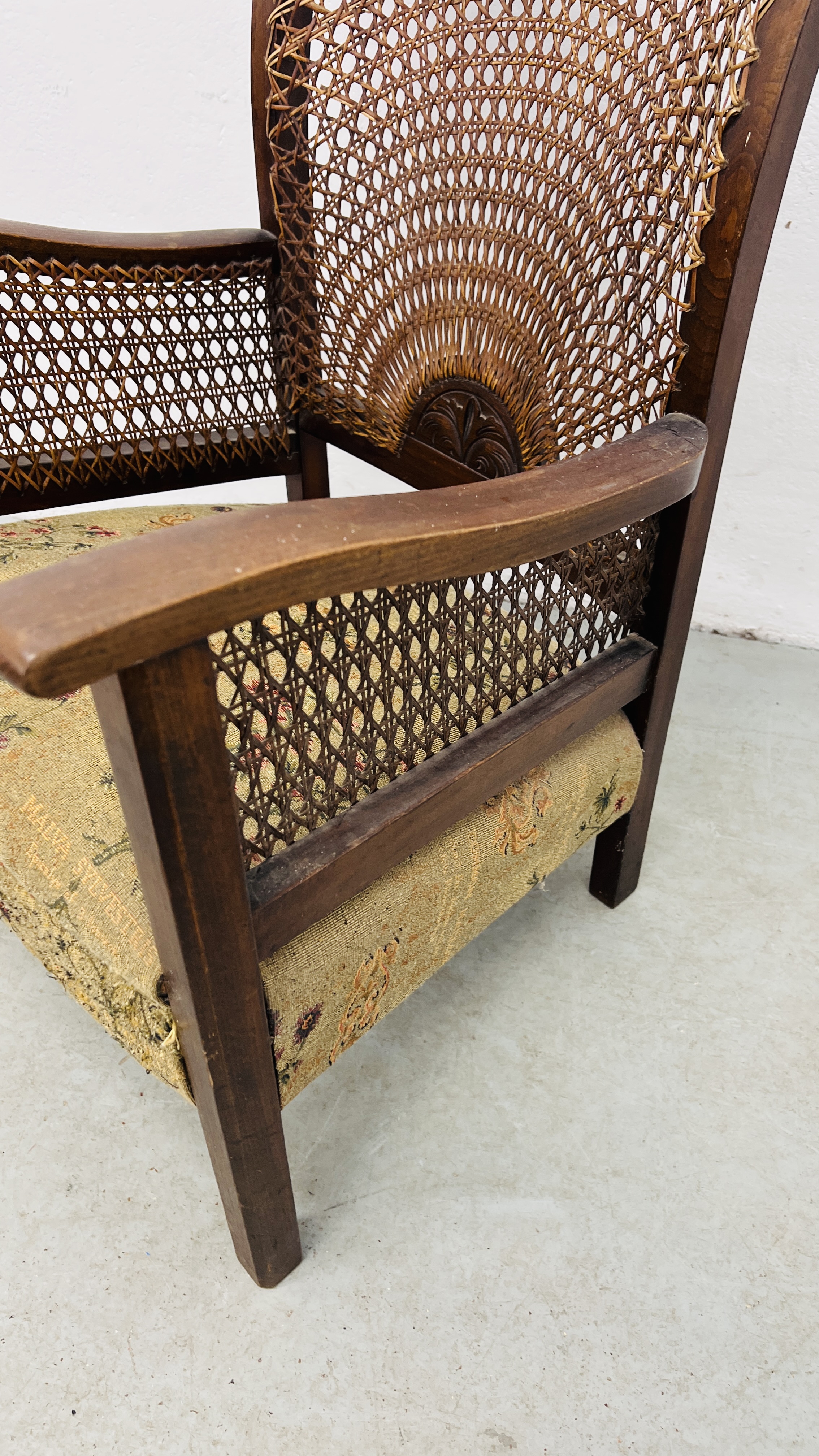 A 1920'S LOW SEAT EASY CHAIR WITH BERGERE WORK TO BACK AND ARMS. - Image 3 of 6