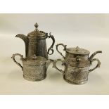 AN ELABORATE INDIAN METAL 4 PIECE TEA SET.