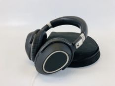 A PAIR OF SENNHEISER MODEL PXC550 BLUE TOOTH WIRELESS HEADPHONES IN ORIGINAL CASE WITH ACCESSORIES.