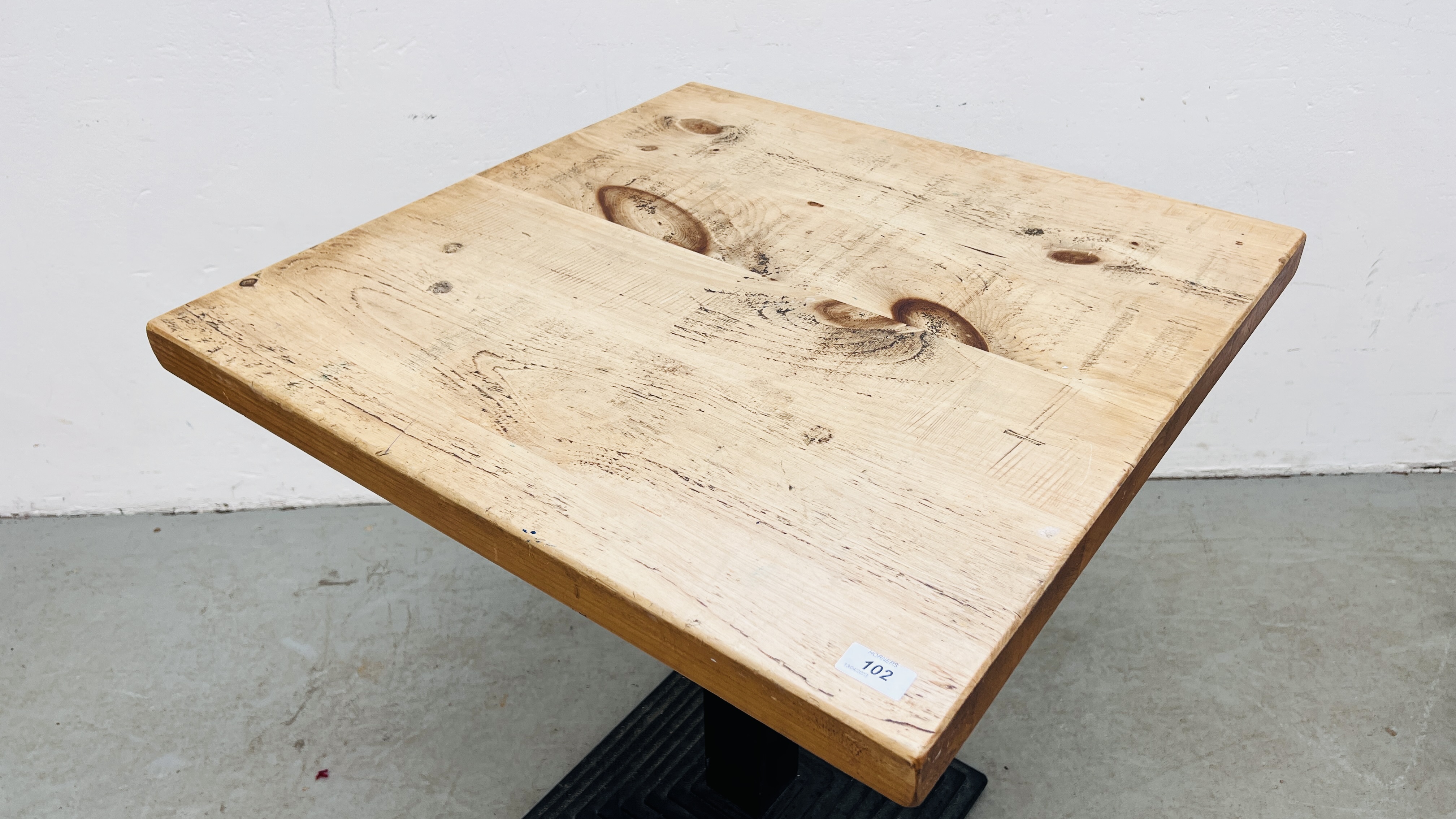 PEDESTAL BISTRO TABLE CAST BASE WITH WAXED PINE TOP - 70CM X 70CM. - Image 2 of 6