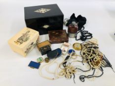A BOX OF ASSORTED COSTUME BEADED NECKLACES, VINTAGE COMPACTS TO INCLUDE STRATTON, CIGARS,