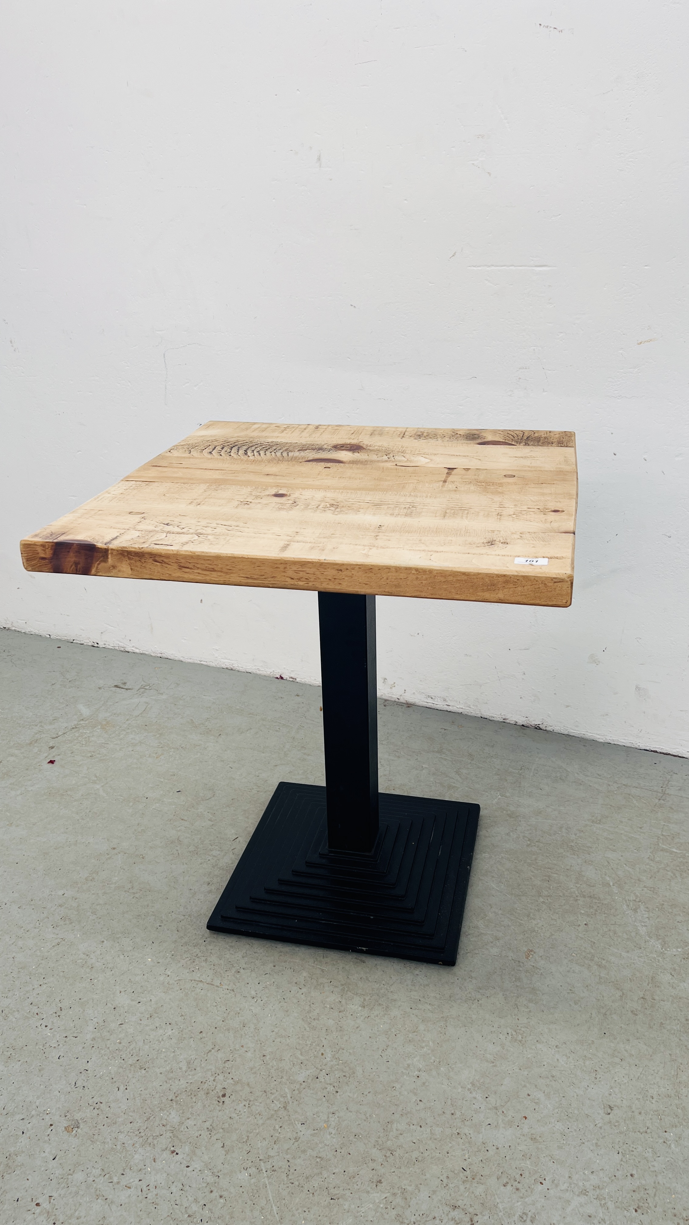 PEDESTAL BISTRO TABLE CAST BASE WITH WAXED PINE TOP - 70CM X 70CM.