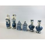 A PAIR OF DELFT VASES H 20CM, A PAIR OF DELFT DISTILLERY BOTTLES AND STOPPERS H 27CM.