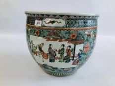 A LARGE ORIENTAL JARDENIERE / PLANTER WITH ELABORATE DECORATION DEPICTING CEREMONIAL SCENES - H