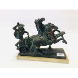 A REPRODUCTION STUDY OF A RACING CHARIOT ON A HARDSTONE BASE - L 27CM X W 10CM X H 22CM.