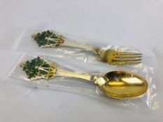 ANTON MICHELSEN SILVER & GILT ENAMELED COLLECTORS SPOON & FORK