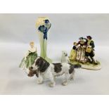 A GROUP OF 4 CABINET ORNAMENTS TO INCLUDE HUNTING SPANIEL WITH GROUSE IN IT'S MOUTH H 14CM L 26CM,