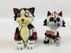 TWO LORNA BAILEY CAT ORNAMENTS TUNA AND BRUISER H 14.5CM BEARING SIGNATURES.