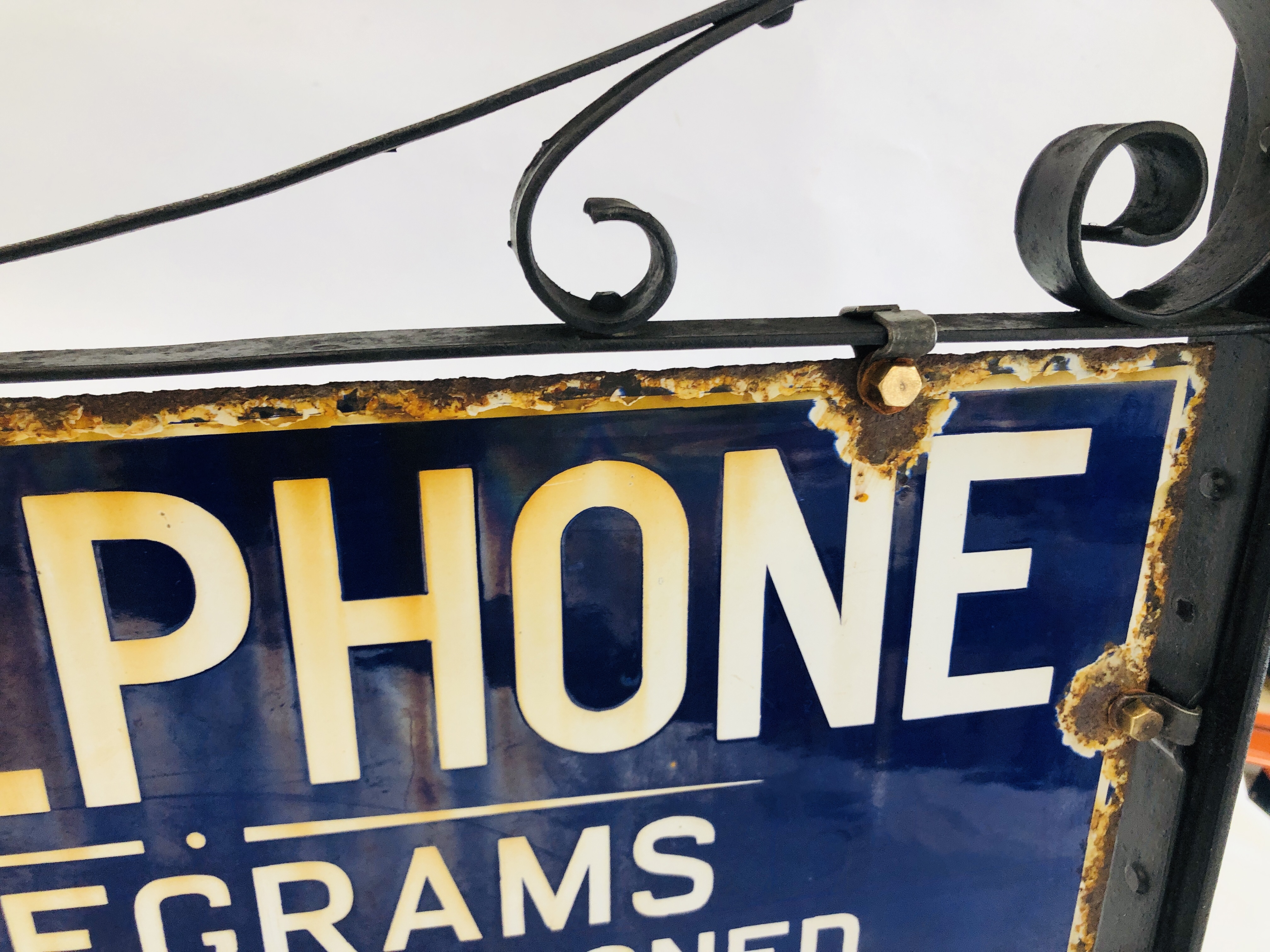 A VINTAGE ENAMELED TELEPHONE SIGN MOUNTED IN WALL BRACKET "TELEPHONE, - Image 10 of 12