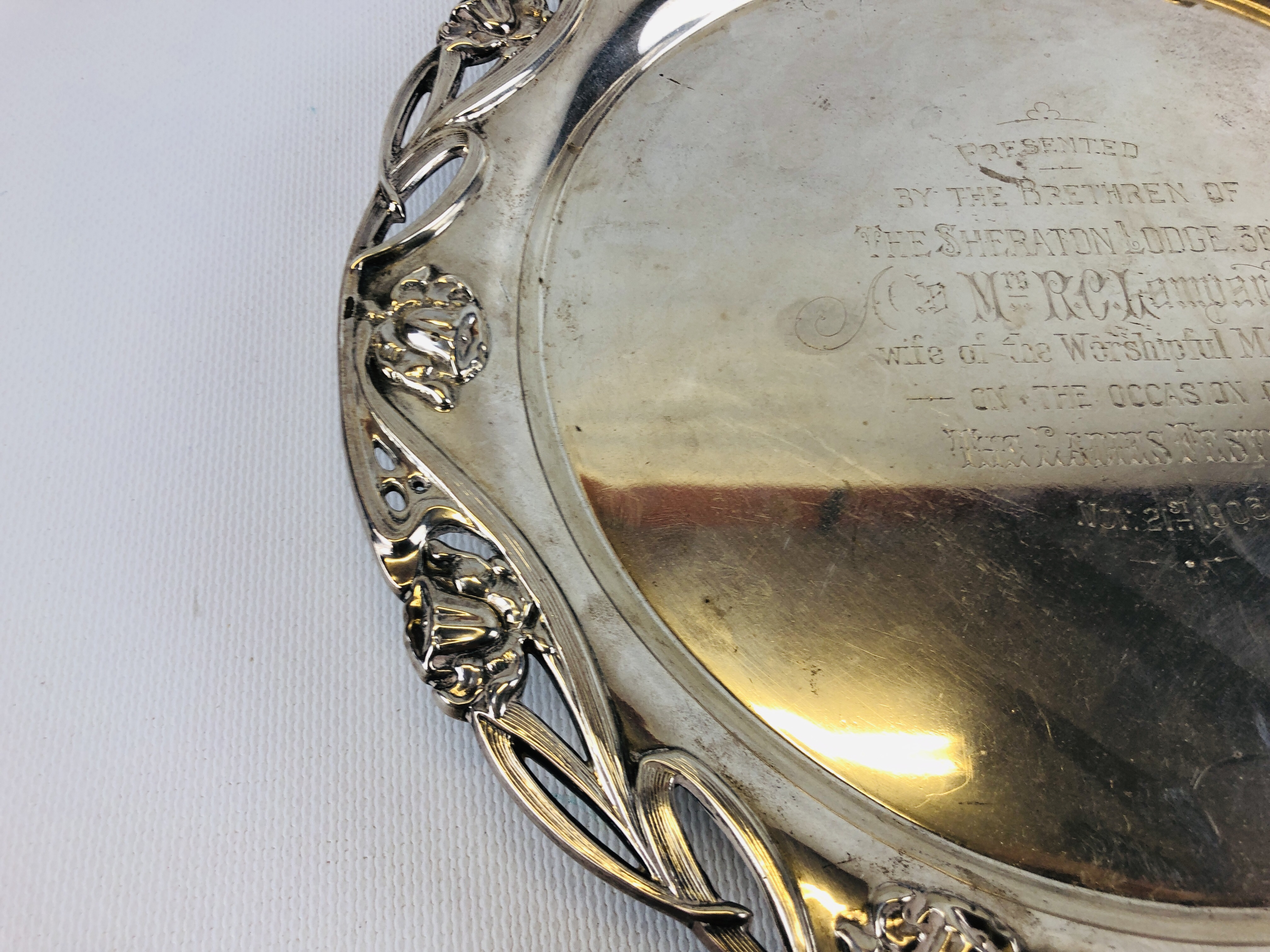 SILVER SALVER PEARCE BORDER AND ENGRAVED WILLIAM HUTTON AND SON SHEFFIELD 1905. - Image 5 of 11