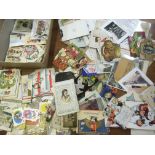 BOX WITH AN EXTENSIVE ACCUMULATION OF VINTAGE GREETINGS CARDS AND OTHER SMALLER EPHEMERA ITEMS.