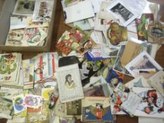 BOX WITH AN EXTENSIVE ACCUMULATION OF VINTAGE GREETINGS CARDS AND OTHER SMALLER EPHEMERA ITEMS.