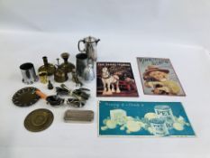 BOX OF COLLECTIBLE METALWARE TO INCLUDE SILVER PLATE AND ENAMEL SIGNS.