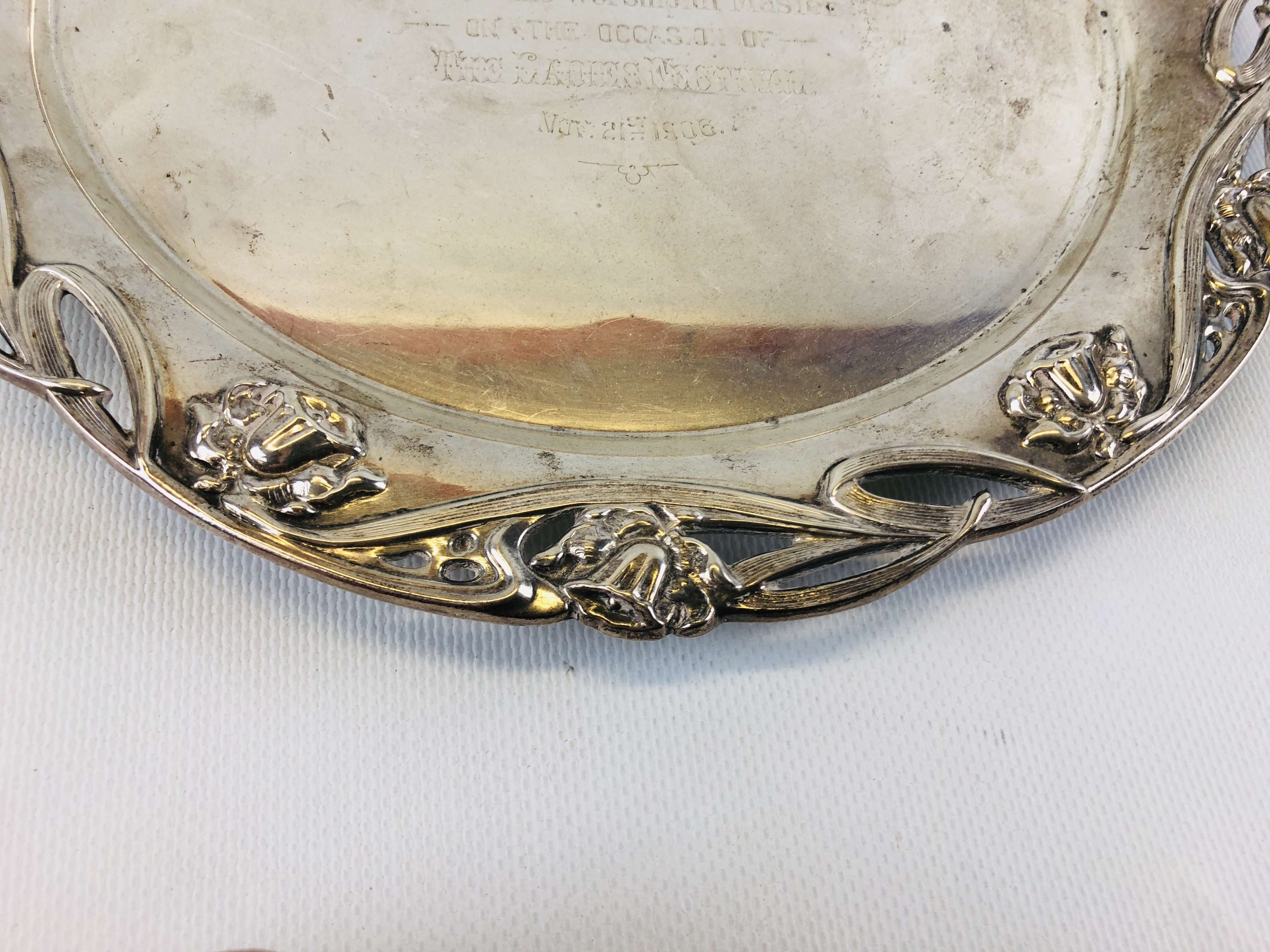 SILVER SALVER PEARCE BORDER AND ENGRAVED WILLIAM HUTTON AND SON SHEFFIELD 1905. - Image 4 of 11