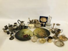 A BOX OF ASSORTED PLATED WARES ALONG WITH A BOX OF PEWTER WARES TO INCLUDE MINIATURE EXAMPLES.