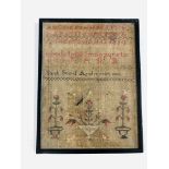 AN ANTIQUE SAMPLER W 24.5CM X H 32.5CM SARAH SEWELL AGED 10 YEARS 1824.