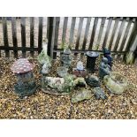 A GROUP OF 14 CONCRETE GARDEN ORNAMENTS TO INCLUDE A GOOSE, CHICKEN, PIG, TWO FROGS,