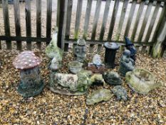A GROUP OF 14 CONCRETE GARDEN ORNAMENTS TO INCLUDE A GOOSE, CHICKEN, PIG, TWO FROGS,