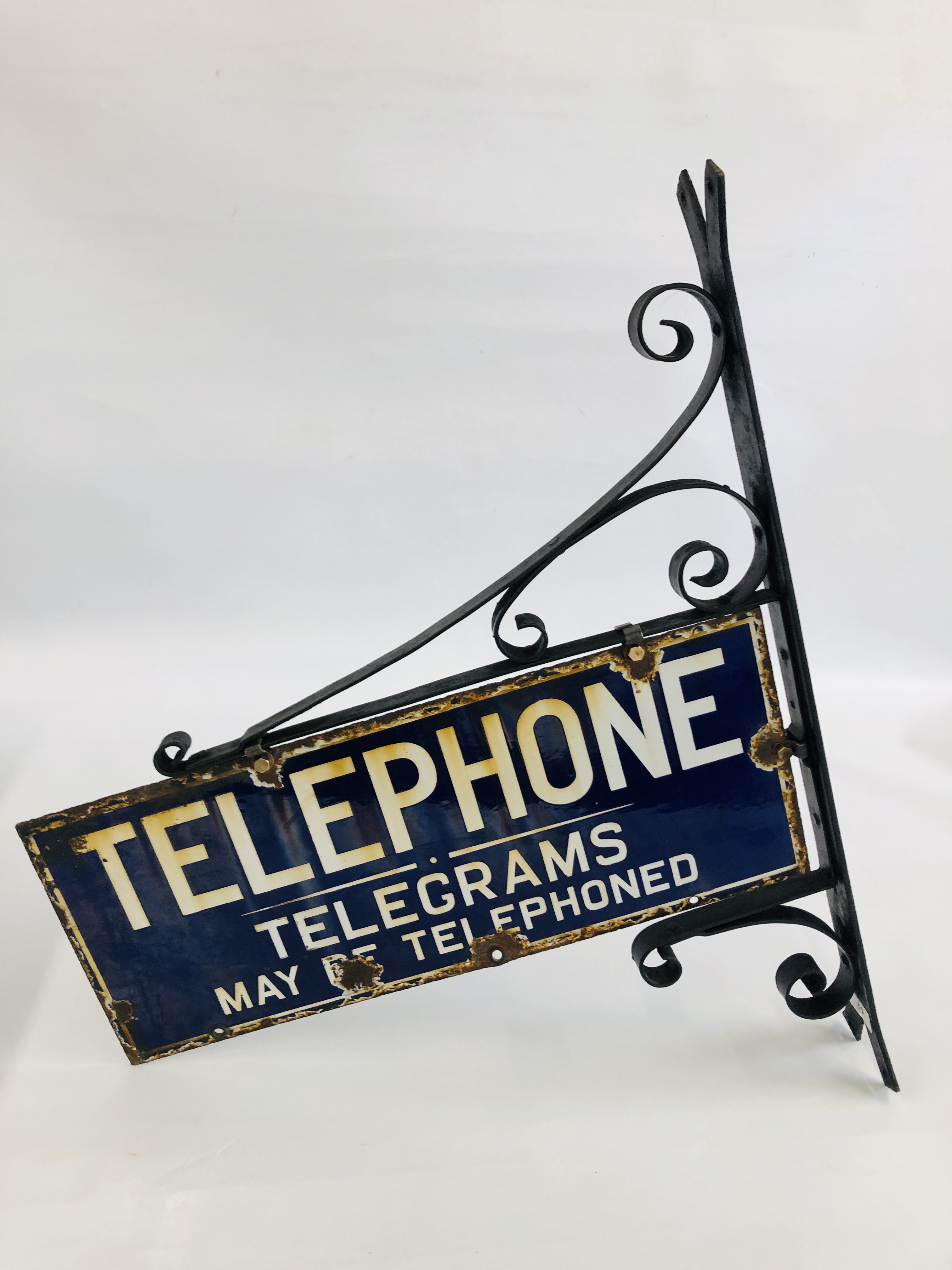 A VINTAGE ENAMELED TELEPHONE SIGN MOUNTED IN WALL BRACKET "TELEPHONE, - Image 6 of 12