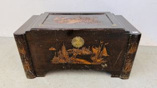 AN ORIENTAL CARVED CAMPHOR WOOD CHEST, W 94CM, D 46CM, H 48CM.