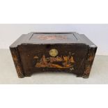 AN ORIENTAL CARVED CAMPHOR WOOD CHEST, W 94CM, D 46CM, H 48CM.