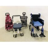 AN INVACARE FOLDING WHEEL CHAIR IN BLUE FINISH ALONG WITH EAGLE CANVAS TROLLEY SHOPPING BAG,