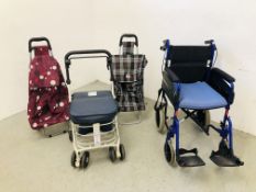 AN INVACARE FOLDING WHEEL CHAIR IN BLUE FINISH ALONG WITH EAGLE CANVAS TROLLEY SHOPPING BAG,