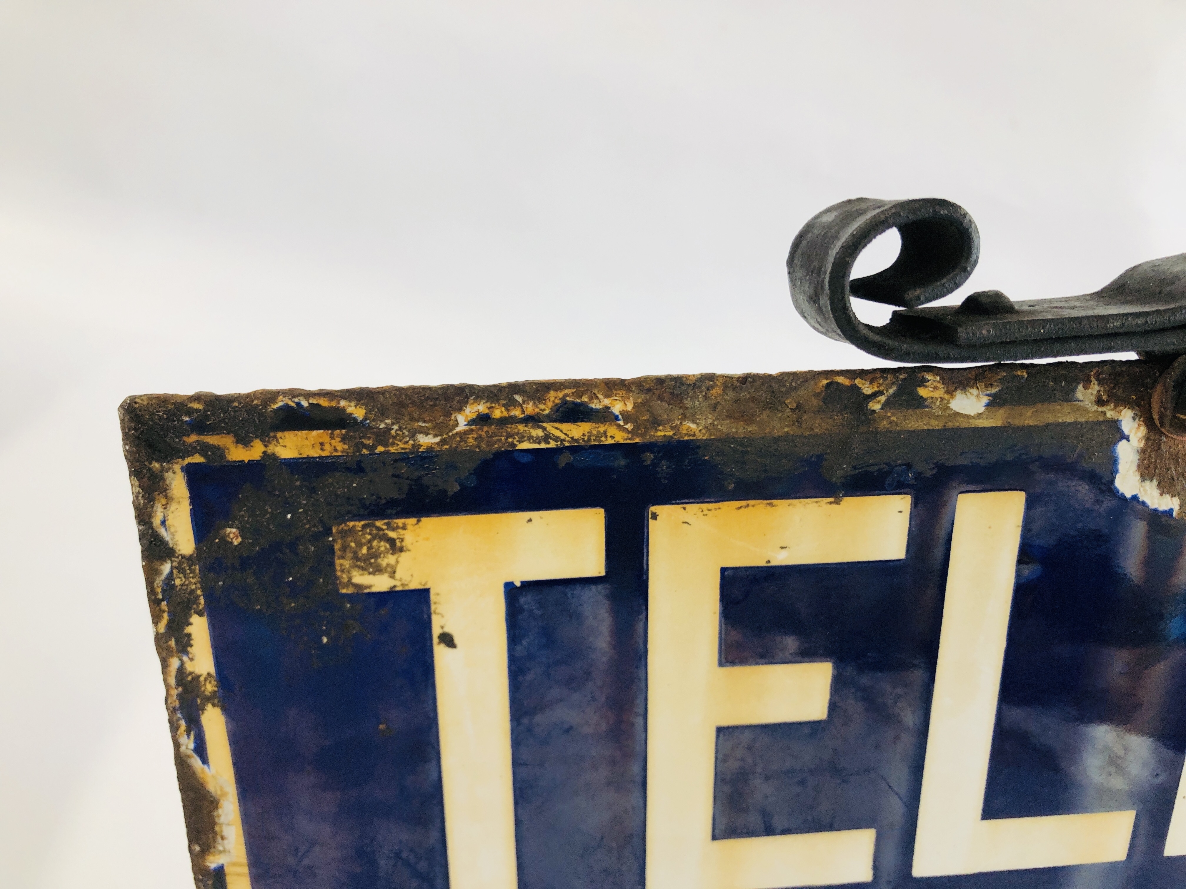 A VINTAGE ENAMELED TELEPHONE SIGN MOUNTED IN WALL BRACKET "TELEPHONE, - Image 8 of 12