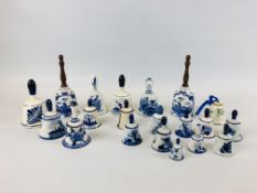 A COLLECTION OF 20 DELFT COLLECTORS BELLS TO INCLUDE MINIATURE EXAMPLES.