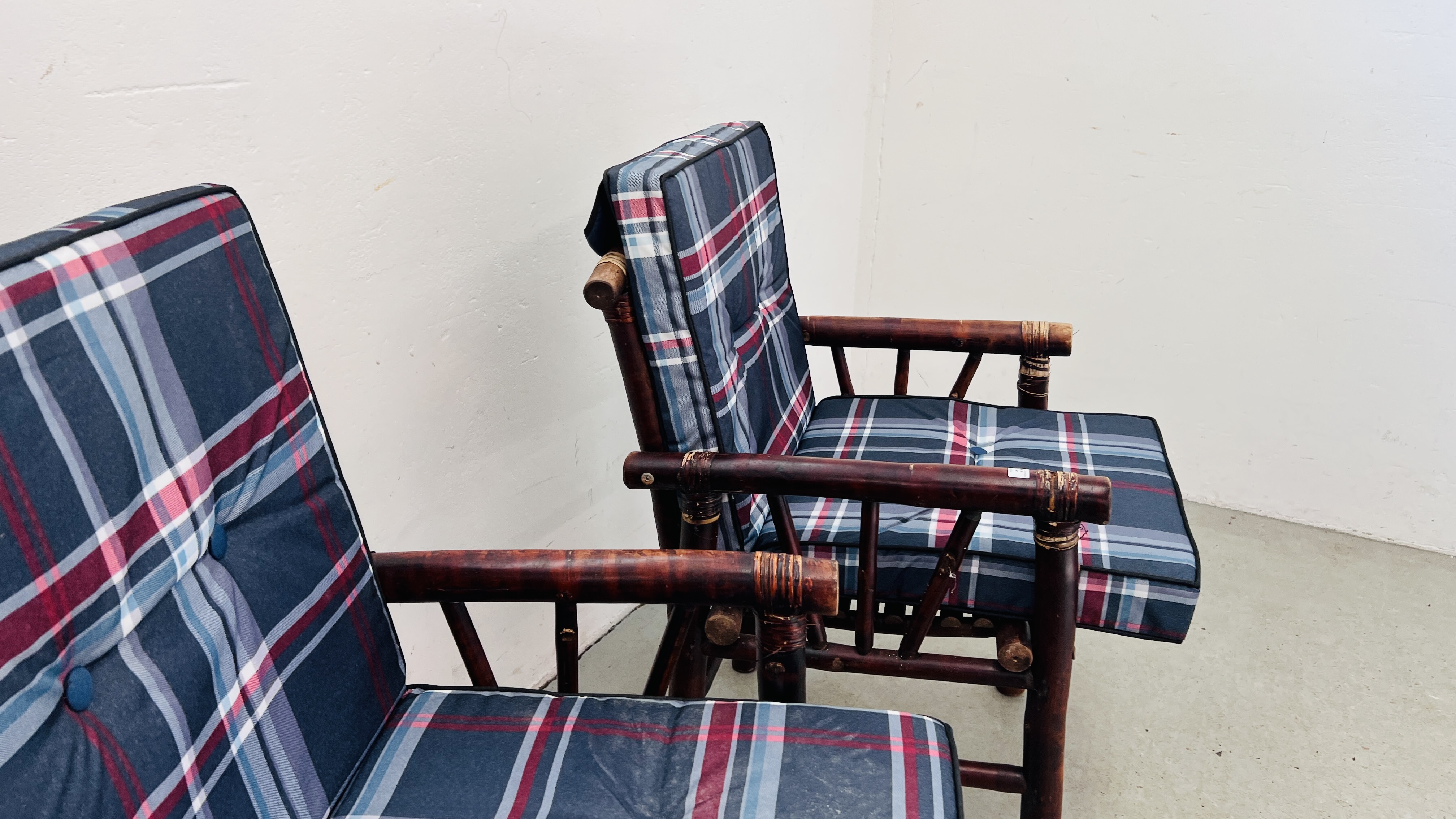 A PAIR OF BAMBOO ARMCHAIRS WITH CHECKED CUSHIONS. - Image 6 of 8