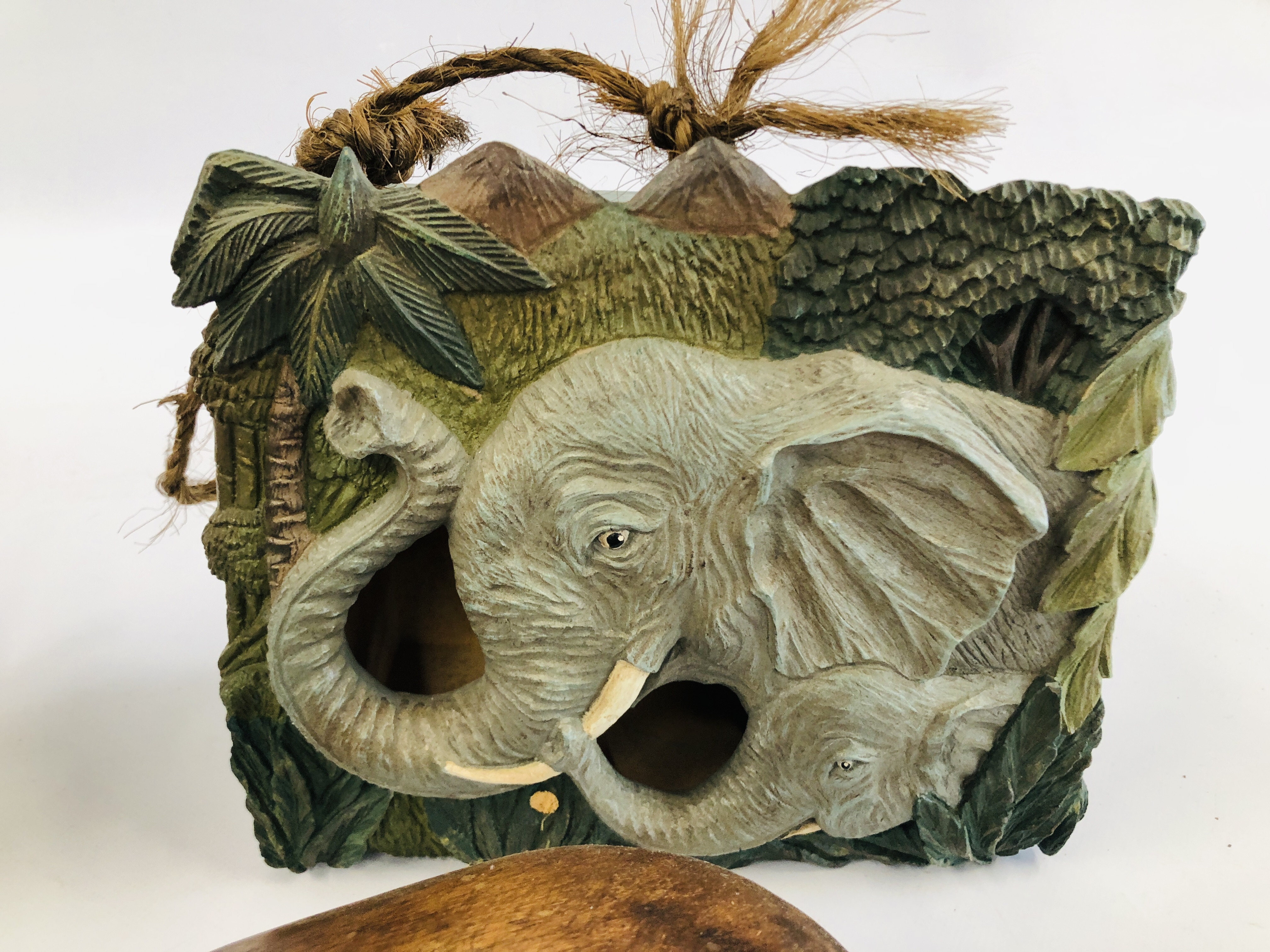 A TROLL SCULPTURE, HARDWOOD DOG & BONE PAINTED CARVED BIRD BOX. - Image 3 of 5