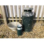 A VINTAGE GREEN PAINTED ALUMINIUM MILK CHURN 72CM ALONG WITH A SMALLER EXAMPLE AND LARGE COLANDER.